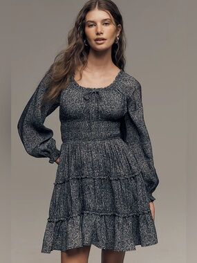 💝MYNE:)💐🦋 ✨NEW!✨ PAIGE Kenmare Tiered Long-Sleeve Dress in NAVY MULTI Size XXS